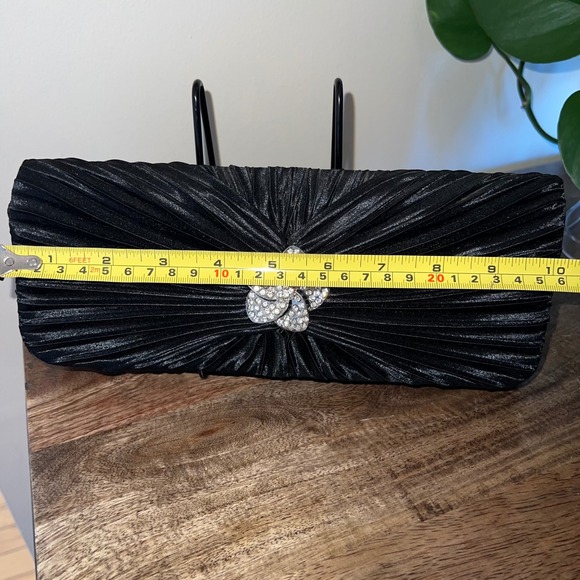 Gunne Sax Black Ruched Clutch Rhinestone Flower Evening Bag Formal Purse - Picture 3 of 8